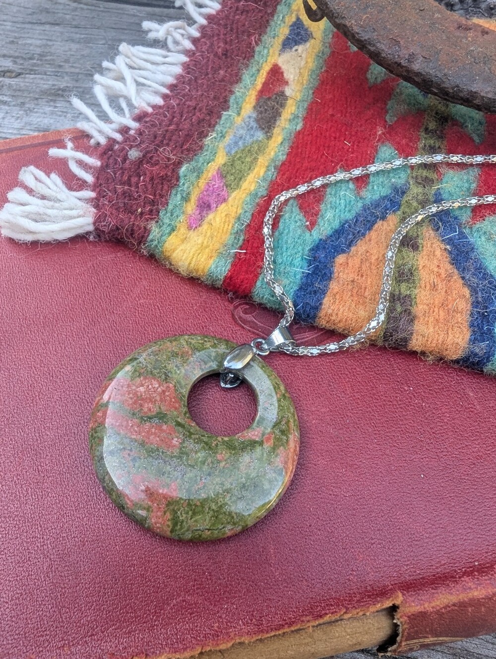 Unakite Circle Pendant; Green and Pink Stone Donut Pendant Necklace